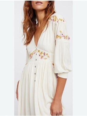 Free People Ivory Midi Dress with Pink & Gold Floral Embroidery